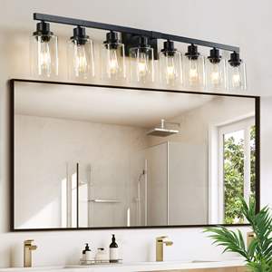 Applique murale moderne en fer et métal à 8 lumières pour salle de bain, 51 pouces, noir, avec abat-jour en verre transparent pour miroir, coiffeuse de salle de bain - Product Image 1