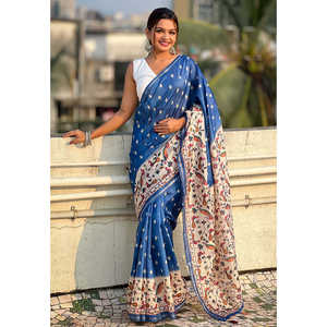 Sari en soie Katki bleu foncé Elite Weaves imprimé Kalamkari avec bordure Zari pour soirée - Product Image 1