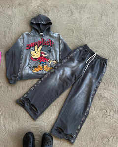 Pierre du Rhin personnalisée 400GSM 100% coton éponge française survêtement pierre lavée en détresse soleil délavé DTG impression strass survêtement - Product Image 5