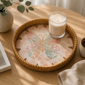 Bandeja Redonda de Ratán con Diseño de Mariposa, Hecha a Mano con Incrustaciones de Madreperla, Bandejas para Servir y Decoración del Hogar, Color y Logotipo Personalizables - Product Image 4