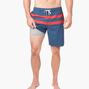 Men's Blue Navy <b>Board</b> Shorts With Red Stripes Quick Dry Drawstring Waist Casual Swimwear Short Length - Product Image 2