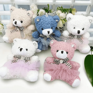 White Faux Fur <b>Bear</b> Keychain With Pearl Crown <b>Pink</b> Bow Crystal Decor 3D Cartoon Plush Carabiner Pendant Soft Wedding Gift - Product Image 6