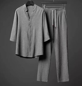 Men's Casual Two Piece Set Solid Color Cotton Shirt Pants Autumn Outfit V-Neck Breathable Woven Fabric - Product Image 6