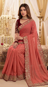 AARA Fashion Elegant Coral Silk <b>Saree</b> Gold Embroidery <b>Maroon</b> Blouse for Wedding Occasion Women Traditional Wear Sun Protection - Product Image 3