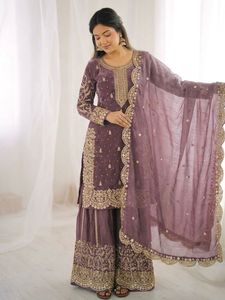 Designer Mauve Purple Sharara Suit Set with Dupatta Heavy Embroidery Sequence Work Festive Wedding <b>Party</b> Wear Outfit - Product Image 5
