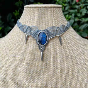 Collar Gargantilla de Macramé de Aleación de Zinc Hecho a Mano, Estilo Gótico Bohemio, con Púas, Ajustable, con Piedra Curativa, Cadena de Bambú, IGI - Product Image 1