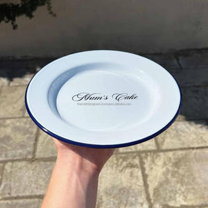 Assiettes et plats de service pour collations, assiette en métal émaillé avec bord bleu, passe au lave-vaisselle, assiettes décoratives pour fruits et desserts pour café - Product Image 5