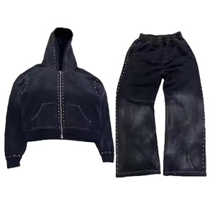 ชุดวอร์มลายพลอยเทียมโอเวอร์ไซส์สำหรับผู้ชายชุดวอร์มซักด้วยกรดมีฮู้ดแบบรูดซิป - Product Image 1