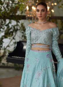 off Shoulder Embroidered <b>Lehenga</b> Set Floral Beaded Two Piece Wedding Dress Long Sleeve Banarasi Style Detachable Train Illusion - Product Image 4