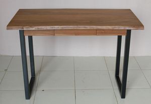 Writing Desk Solid Teak Top Console <b>Table</b> <b>Live</b> <b>Edge</b> 1-Drawer with Metal Leg - Product Image 5
