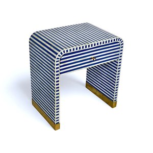 Modern Blue Bone Inlay Square Side Wardrobe and Table With Striped Design And Brass Feet Lacquer Finish Furniture For Living - Product Image 5