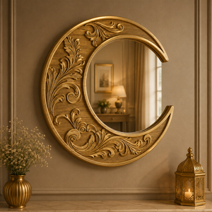 Espejo de Pared Luna Botanica con Tallado en Madera, Acabado en Madera Natural, Hecho a Mano, Espejo Decorativo con Acento de Luna Creciente - Product Image 1