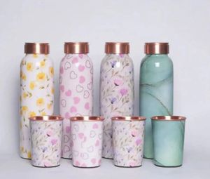 Juego de Botellas de Agua de Cobre Hechas a Mano con Diseño Floral de Corazón Impreso, Recipientes Metálicos para Bebidas, Saludables, para Yoga, Cocina y Almacenamiento - Product Image 1
