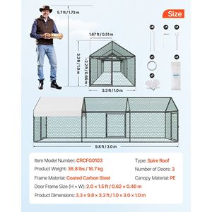 Jaula Pequeña Impermeable para Pollos, 3.3 x 9.8 x 3.3 pies, Gallinero Metálico con 3 Puertas y Techo a Dos Aguas para 6-8 Pollos, Compañero de Aves de Corral - Product Image 3