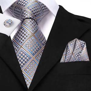 Conjunto de Corbata de Seda con Diseño Geométrico Clásico, Estampado Jacquard en Azul, Marrón y Dorado, para Traje Formal de Negocios, Incluye Corbata, Gemelos y Pañuelo de Bolsillo - Product Image 1