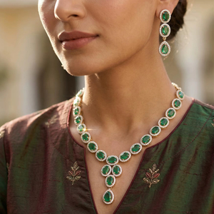 Natural <b>Emerald</b> Lab Grown CVD Diamond Set Necklace <b>Earring</b> <b>Studded</b> 9K Yellow Gold IGI Certified Luxury Jewelry Engagement Gift - Product Image 1