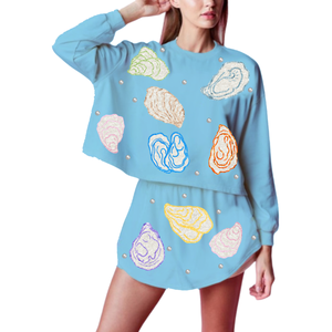 Conjuntos de Falda Corta de Algodón con Lentejuelas y Perlas Bordadas con Temática de Ostras, Estilo Casual, Personalizados, para Mujeres y Chicas Jóvenes - Product Image 1