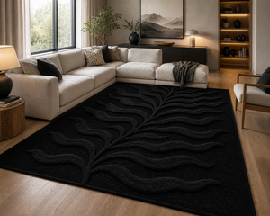 Black <b>Hand</b> <b>Tufted</b> Wool <b>Rug</b>, Carved Leaf Design Carpet, Modern Luxury Area <b>Rug</b>, Soft Plush Living Room Custom Size Handmade <b>Rugs</b> - Product Image 1