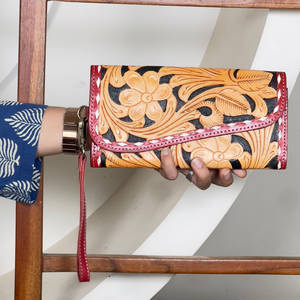 Hand Tooled Wallet Clutch Phone Credit Card Holder Stylish Multi Uses Mini <b>Purse</b> Genuine Handmade Western <b>Leather</b> Women's Wallet - Product Image 2