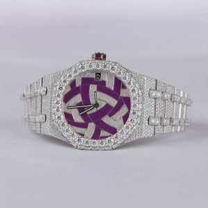 Reloj de Lujo para Negocios Shanghai, Totalmente Adornado con Moissanita, Cuarzo, Acero Inoxidable, Esfera Esqueleto Púrpura de 16mm, Cristal de Zafiro, Resistente al Agua - Product Image 1