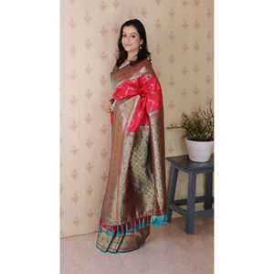 Sari en soie douce rose Elite Weaves Banarasi ZigZag Meenakari Zari tissé 650g - Product Image 3