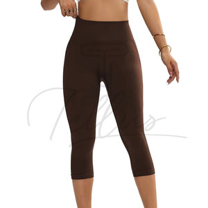 High Waist Ribbed Capri Yoga <b>Leggings</b> With Mesh Panels Seamless Stretchy Workout Pants Solid Color Knee Length Tights - Product Image 5