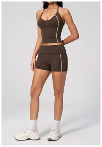 Brown Seamless Yoga Set Halter <b>Crop</b> <b>Top</b> High Waist Shorts Contrast Stitch Breathable Spandex Polyester 2 Piece - Product Image 5