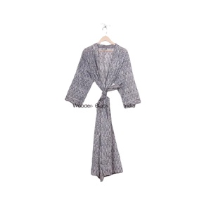 Kimono en coton imprimé numérique floral unique, col en V, respirant, doux, manches longues, tenue de nuit d'été, design simple, vintage - Product Image 2