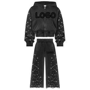 Men's <b>Black</b> <b>Sequined</b> Hoodie & Pants Set With Logo Print Glitter Decoration Casual Style Zipper Closure - Product Image 1