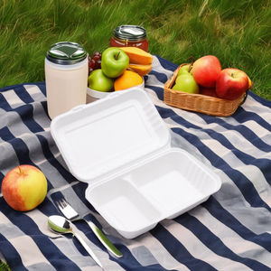 Fiambrera de bagazo natural desechable de 9 pulgadas x 6 pulgadas, 2 compartimentos, 850ml, contenedor de comida de pulpa de caña de azúcar, concha - Product Image 6