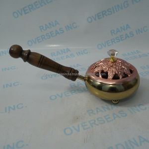 Premium Iron Incense Burner Copper Plated Floral Lid Wooden Handle Incense Censer for Home <b>Decor</b> and Yoga - Product Image 6