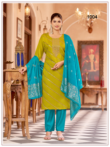 Conjunto de 3 piezas de Kurti, pantalón y dupatta de diseñador con bordado pesado, Kurti de seda disponible a precio de mayoreo. - Product Image 5