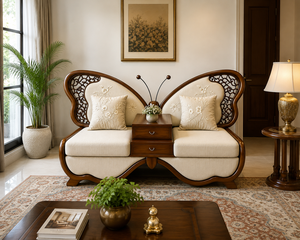 Canapé de salon de luxe en teck style ailes de papillon, canapé traditionnel deux places avec dossier capitonné, table basse carrée gonflable - Product Image 2