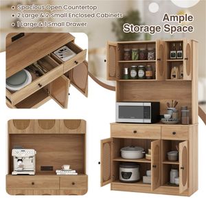 Dispensa Naturale Boho a 6 Ante con Porte in Rattan PE, Stazione di Ricarica Integrata con 2 Prese CA e 2 Porte USB per Cucina - Product Image 6