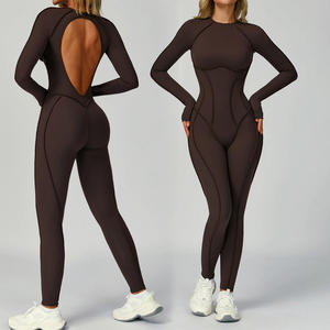 Combinaison longue sans dos à manches longues avec effet froncé aux fesses, bleu uni, pour le yoga et les activités sportives pour femmes - Product Image 6