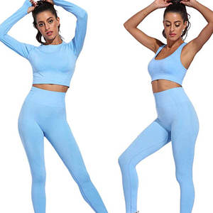 Ensemble de yoga 2 pièces bleu clair pour femme, dos nageur, col rond, sans couture, legging taille haute, crop top, tenue de sport unie pleine longueur - Product Image 1