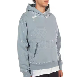 เสื้อฮู้ดดี้ผู้ชายแฟชั่นลำลองสไตล์ดิสเทรส พิมพ์โลโก้ตามสั่ง ผ้าคอตตอนผสม สีพื้น สำหรับผู้ชายลำลอง - Product Image 3