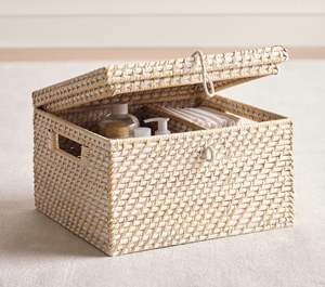 Cesta rectangular de mimbre con tapa, cesta decorativa para almacenamiento, organizador de ratán natural, perfecta para almacenamiento en estantes. - Product Image 1