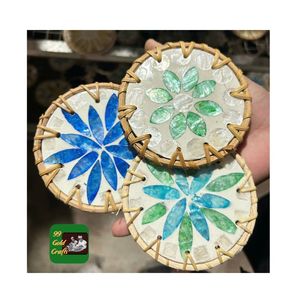 ATTRACTIVE MOTHER OF PEARL INLAY WITH RATTAN PLACE MAT VIETNAM WHOLESALE TRADE EXPORT RATTAN COASTER FREE LOGO ENGRAVED - Product Image 2