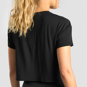 Women's Black <b>Crop</b> <b>Top</b> Short Sleeve Crew Neck Solid Knitted T-Shirt Slim Fit Casual Breathable Spandex Cotton Blend All Seasons - Product Image 5