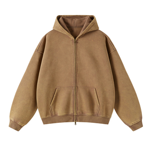 2026 Sweat à capuche streetwear de haute qualité, en molleton uni, vintage, double couche, délavé à l'acide, coupe ample, zippé - Product Image 4
