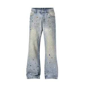 Vaqueros de mezclilla para hombre, modernos, de lavado claro, con pedrería, cristales de colores, de pierna recta, estilo urbano, pantalones casuales - Product Image 1