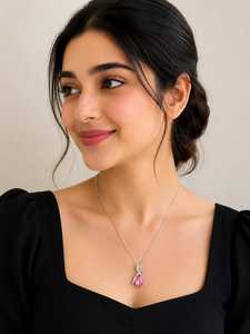 Collier élégant avec pendentif en cristal rose en forme de larme plaqué argent pour femme |   Bijoux de mode minimalistes |   Vêtements légers pour tous les jours | - Product Image 2