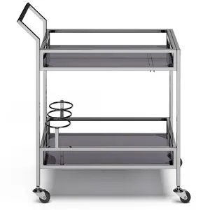 Carrito de bar de metal y vidrio de lujo con ruedas para hotel y hogar, moderno carrito de bar de metal de 3 niveles con estantes de vidrio seguros, chapado, Zahid Exports - Product Image 1