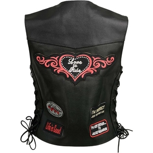 Women's <b>Black</b> PU Leather Biker <b>Vest</b> With Patch Designs And Lace-Up Sides Moto Style Sleeveless Waistcoat - Product Image 1