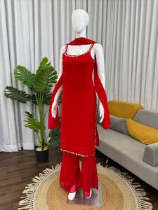Conjunto de Salwar Kameez de Georgette Rojo en Oferta, con Trabajo de Espejo Real, Traje Tradicional Indio Pakistaní para Mujer, para Bodas y Fiestas - Product Image 4