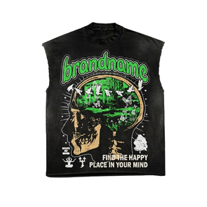 Nouveau T-shirt sans manches imprimé streetwear personnalisé, style athlétique vieilli, effet délavé vintage - Product Image 1