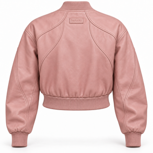 Blush Pink Genuine Lambskin <b>Leather</b> Cropped Bomber Jacket Womens Petal Stitched Panel Rib Hem Metal Zip Custom OEM Wholesale - Product Image 2
