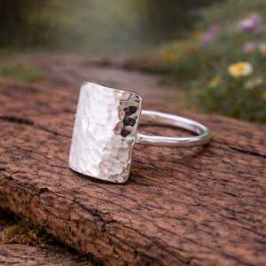 925 Sterling Silver Hammered Wide Rectangle Statement <b>Ring</b> Modern Geometric <b>Ring</b> Minimalist Gold Plated Women Jewelry Gift - Product Image 5