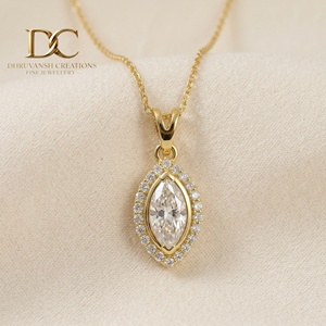 IGI Certified Jewelry for Women's 14KT <b>Solid</b> Yellow <b>Gold</b> Lab Grown Diamond Round Marquise Brilliant Cut <b>Pendant</b> Necklace - Product Image 2